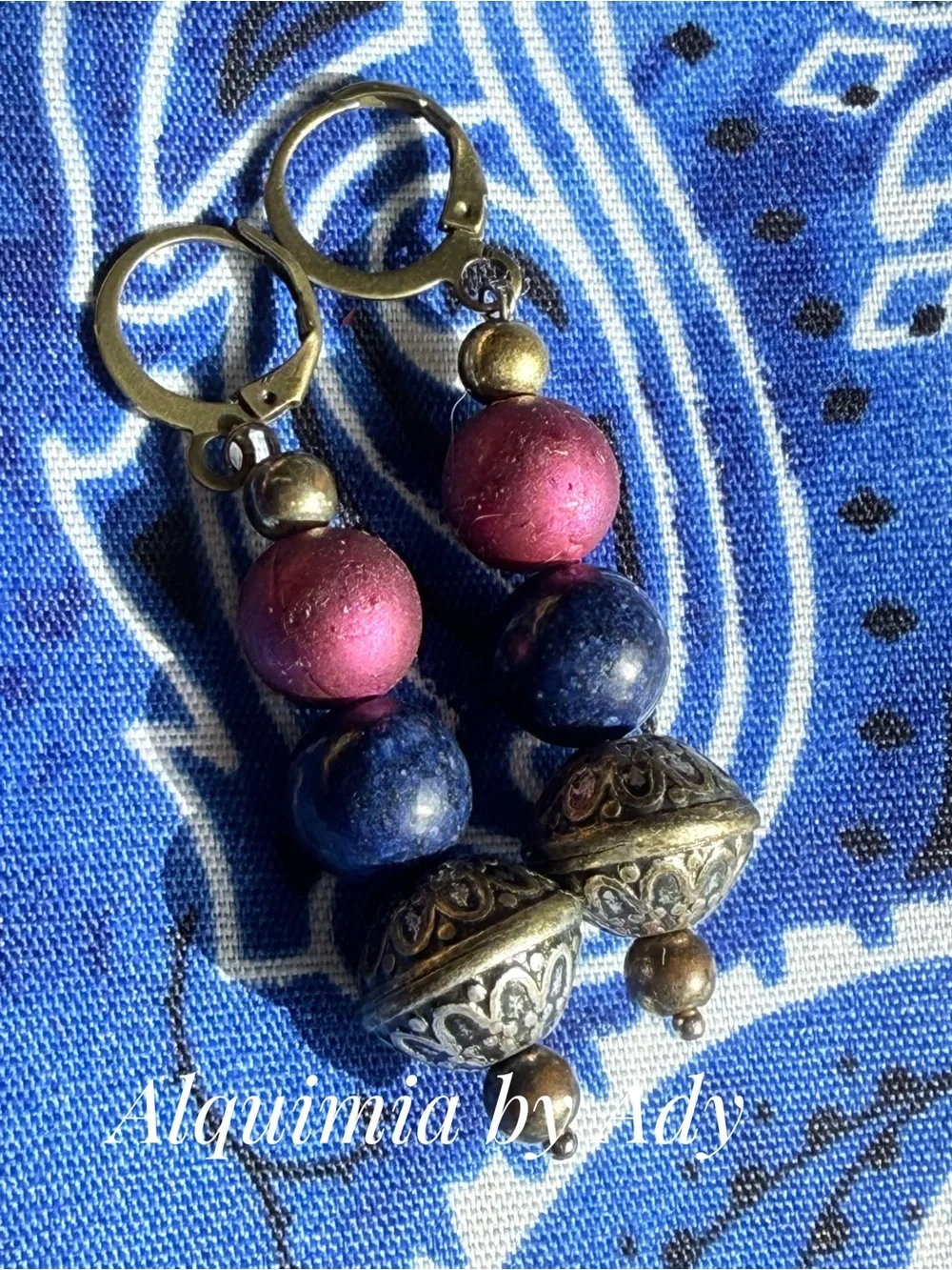Hot Pink and Navy LAPIS CHUNKY Beaded Drop Earrings with OLD Gold Accents